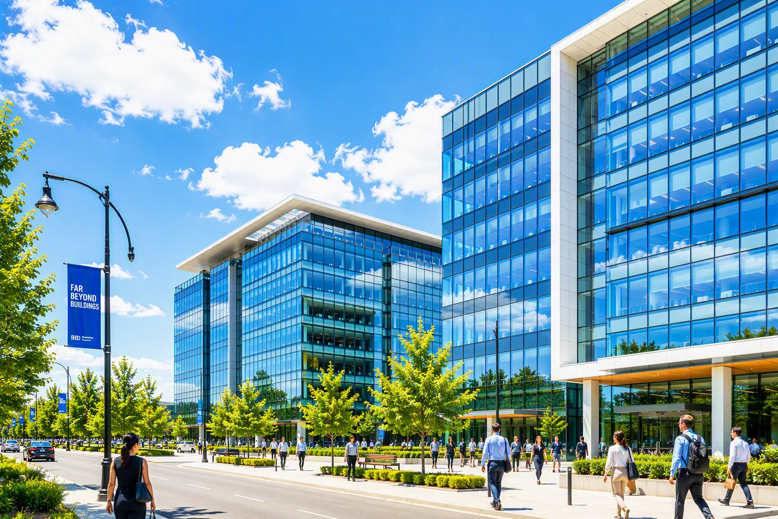 A modern Australian commercial office precinct at midday