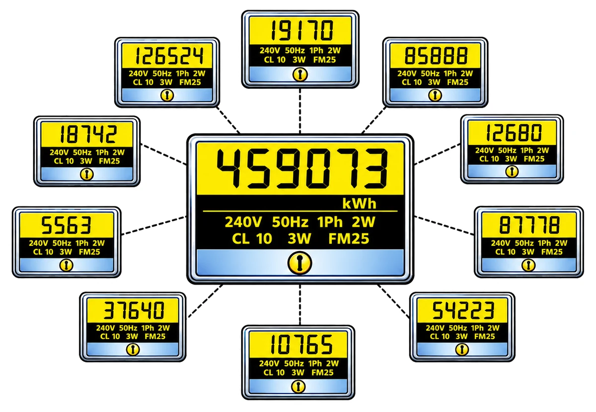 Ten individual tenancy meters connected to a single coordinated master meter.